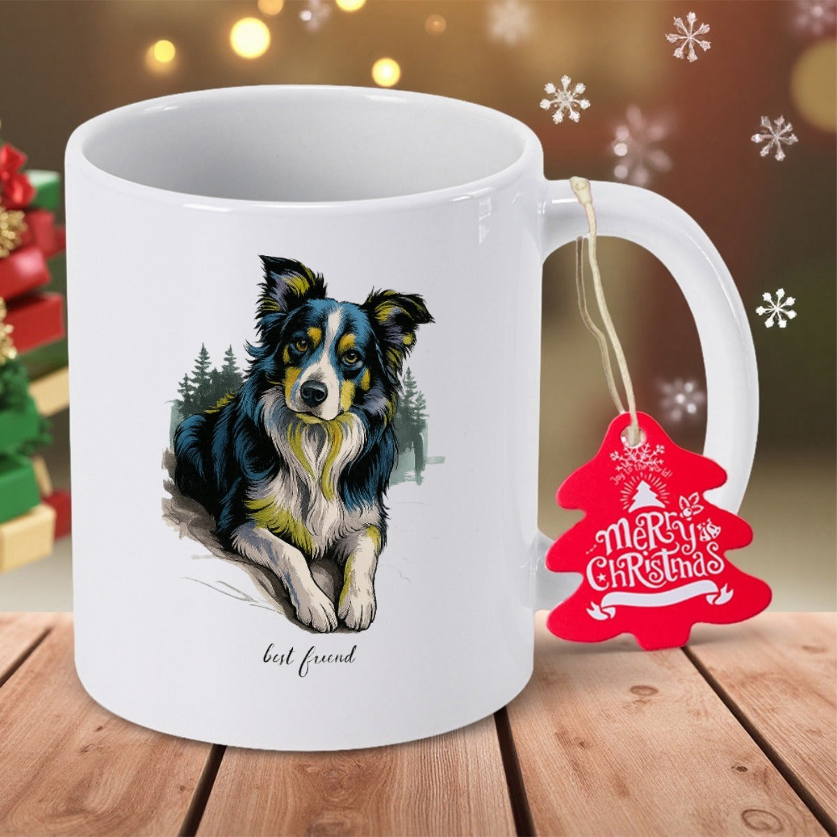 Tailorly White Ceramic 11 oz Mug - Best Friend Loyal Border Collie Resting Peacefully In Front Of Pine Trees Dog