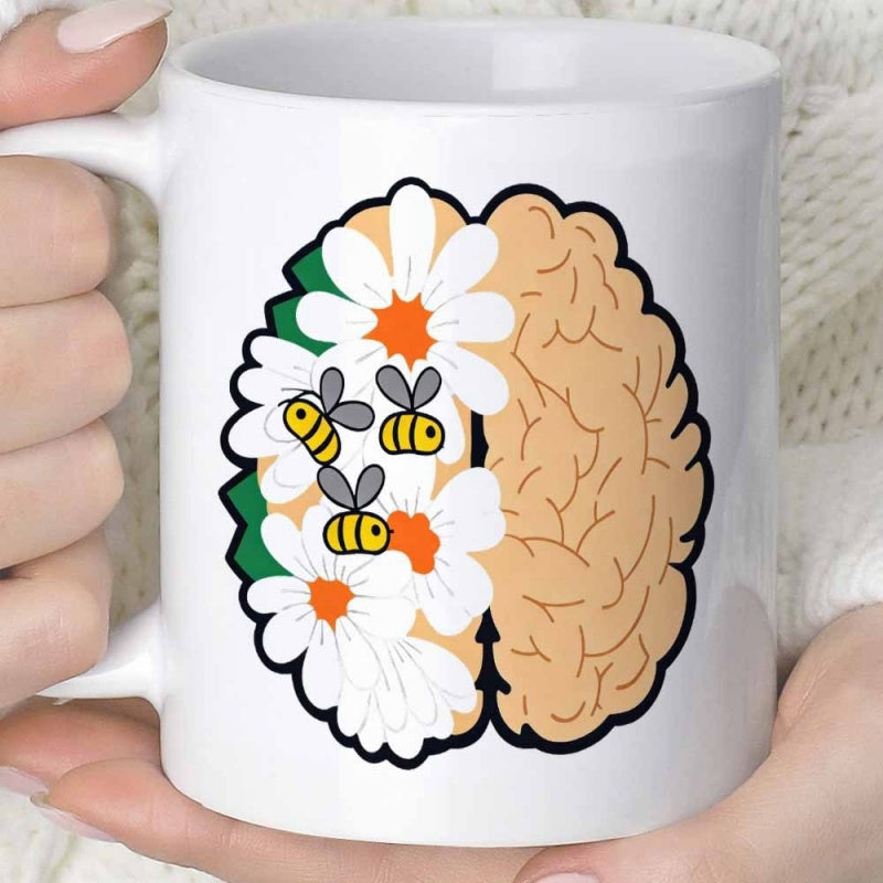 Tailorly White Ceramic 11 oz Mug - Floral Design Featuring Bees And White Daisies Within A Creative Human Brain