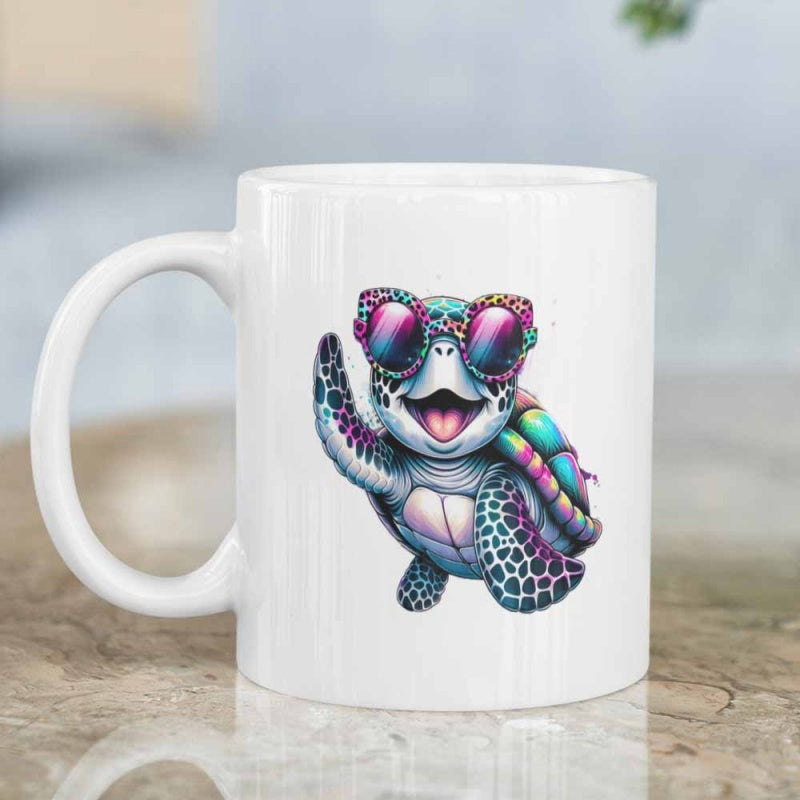 Tailorly White Ceramic 11 oz Mug - Colorful Cartoon Sea Turtle Wearing Patterned Sunglasses Waving With Rainbow Shell Turtle