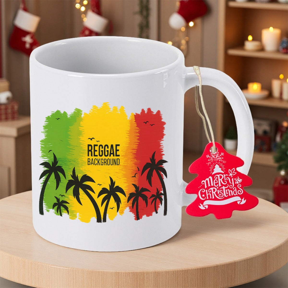 Tailorly White Ceramic 11 oz Mug - Reggae Background Vibrant Textured Rasta Colors Featuring Tropical Silhouettes Standing Palm Tree