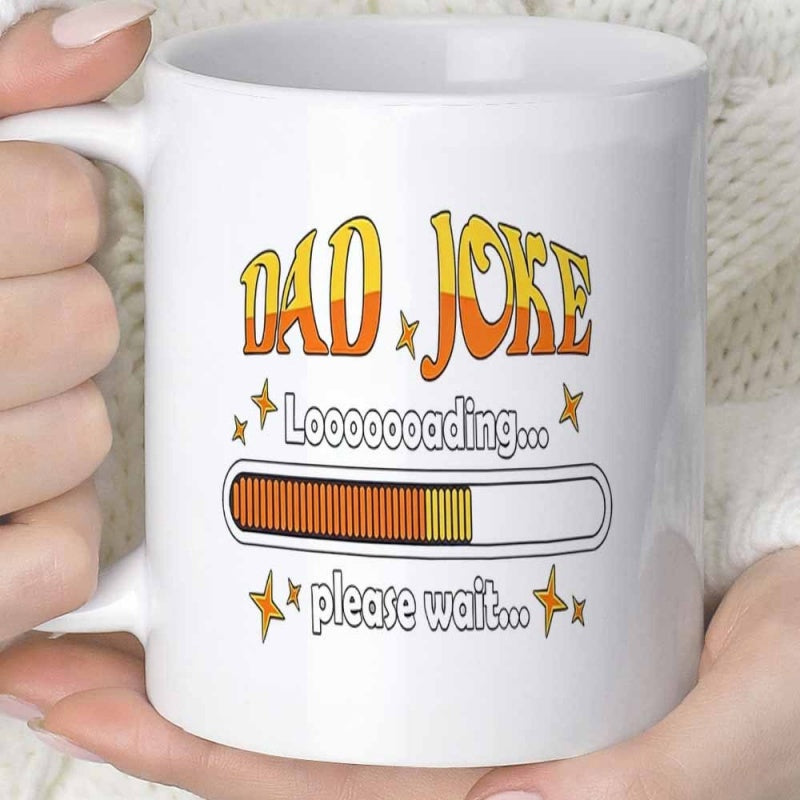 Tailorly White Ceramic 11 oz Mug - Dad Joke Loooooooading Please Wait Retro Style Orange Gradient Progress Bar Surrounded By Minimalist Golden Sparkle Icons Sign