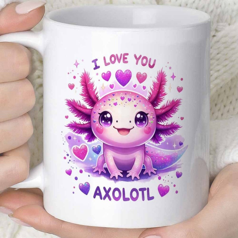 Tailorly White Ceramic 11 oz Mug - I Love You Axolotl Adorable Pink Creature With Purple Gills Surrounded By Sparkling Floating Hearts Axolotl