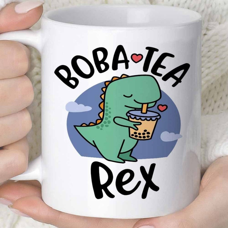Tailorly White Ceramic 11 oz Mug - Boba Tea Rex Adorable Green Cartoon Creature Drinking Delicious Boba Tea Under Clouds Dinosaur