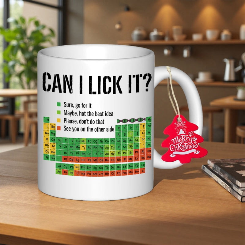 Tailorly White Ceramic 11 oz Mug - Can I Lick It Merry Christmas Colorful Scientific Chart Featuring Educational Elements And Humor Periodic Table