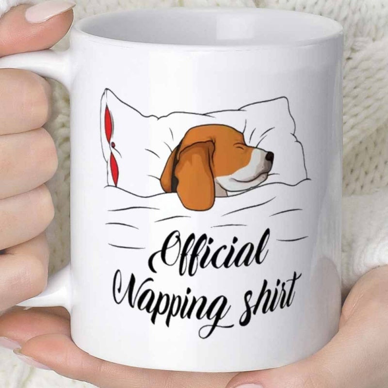 Tailorly White Ceramic 11 oz Mug - Official Napping Shirt Cute Beagle Dog Sleeping Peacefully On A Soft White Pillow Beagle