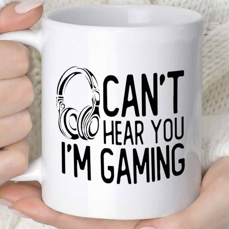 Tailorly White Ceramic 11 oz Mug - Cant Hear You Im Gaming Minimalist Black Ink Illustration Showing Modern Style Professional Audio Headphone