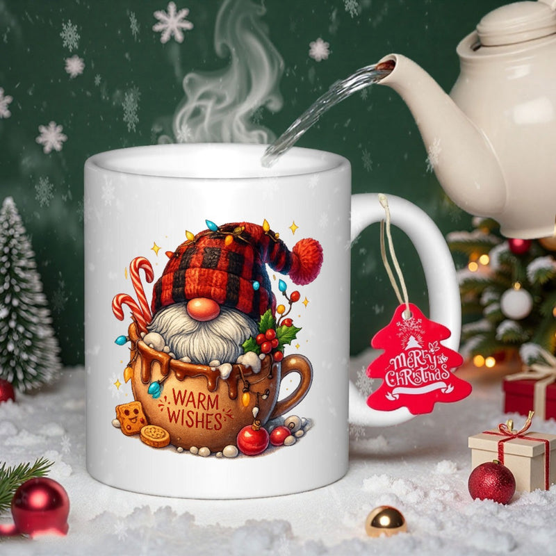 Tailorly White Ceramic 11 oz Mug - Warm Wishes Merry Christmas Festive Plaid Hat Character Tucked Inside Cozy Hot Cocoa Mug Gnome