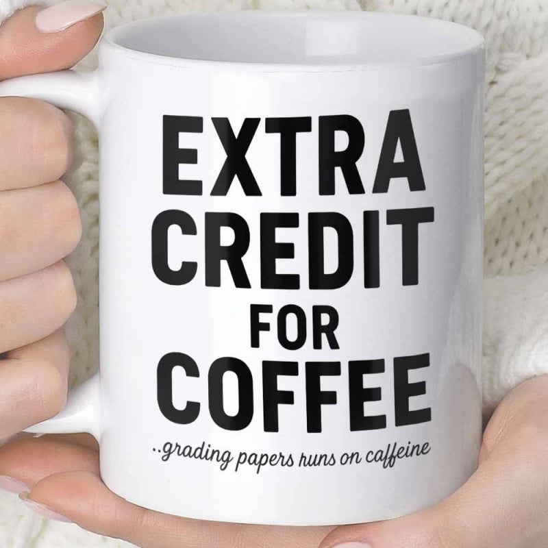 Tailorly White Ceramic 11 oz Mug - Extra Credit For Coffee Grading Papers Runs On Caffeine Held By Hands Featuring Bold Minimalist Typography Mug