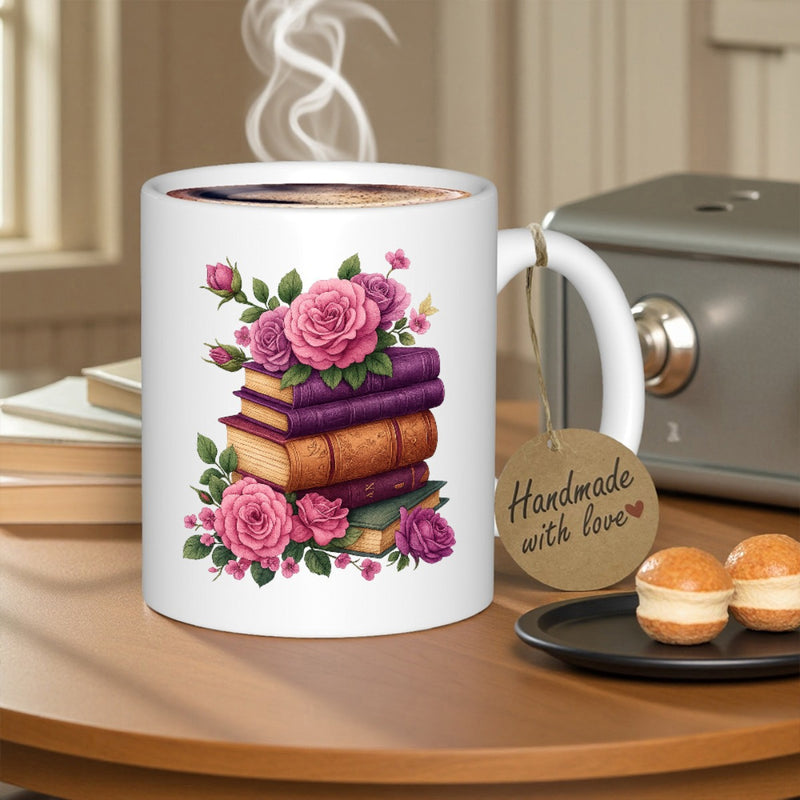 Tailorly White Ceramic 11 oz Mug - Handmade With Love Stack Of Vintage Purple And Brown Books Adorned With Blooming Pink Rose