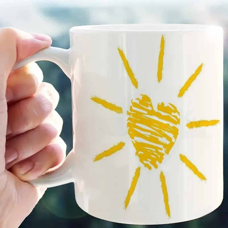 Tailorly White Ceramic 11 oz Mug - Yellow Hand Drawn Scribbled Sun Rays With Radiant Artistic Heart