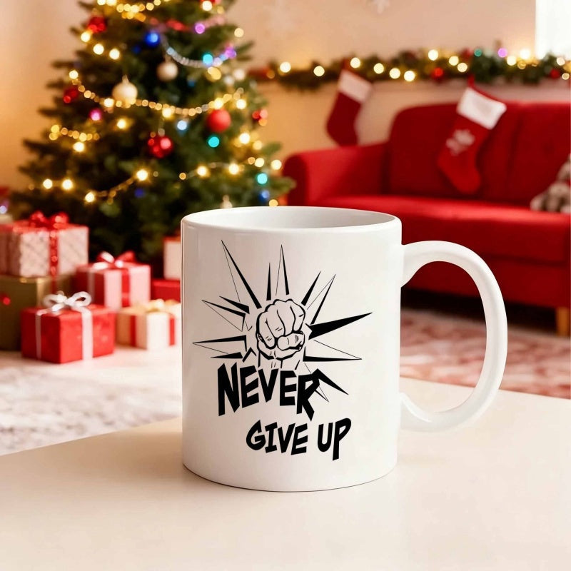 Tailorly White Ceramic 11 oz Mug - Never Give Up Strong Clenched Hand With Stylized Sharp Lines Radiating Energy Fist