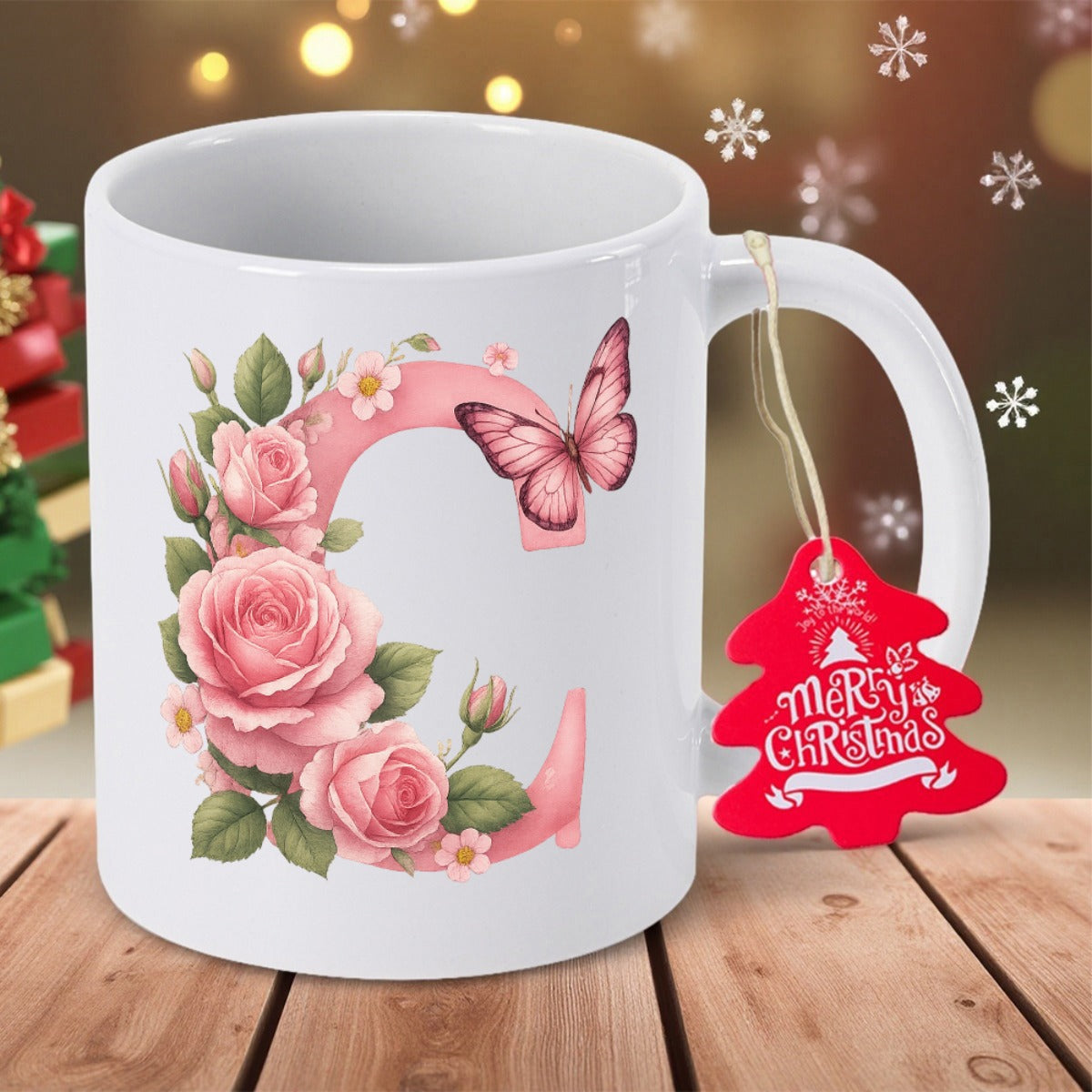 Tailorly White Ceramic 11 oz Mug - C Merry Christmas Elegant Pink Roses Surrounding A Large Decorative Script Style Letter