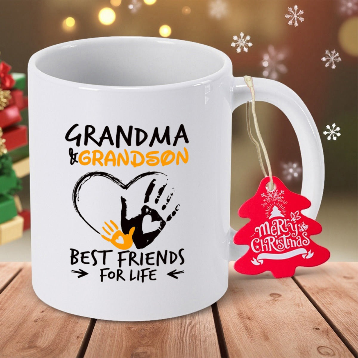 Tailorly White Ceramic 11 oz Mug - Grandma Grandson Best Friends For Life Minimalistic Heart Outline Featuring An Adult And Smaller Child Handprint