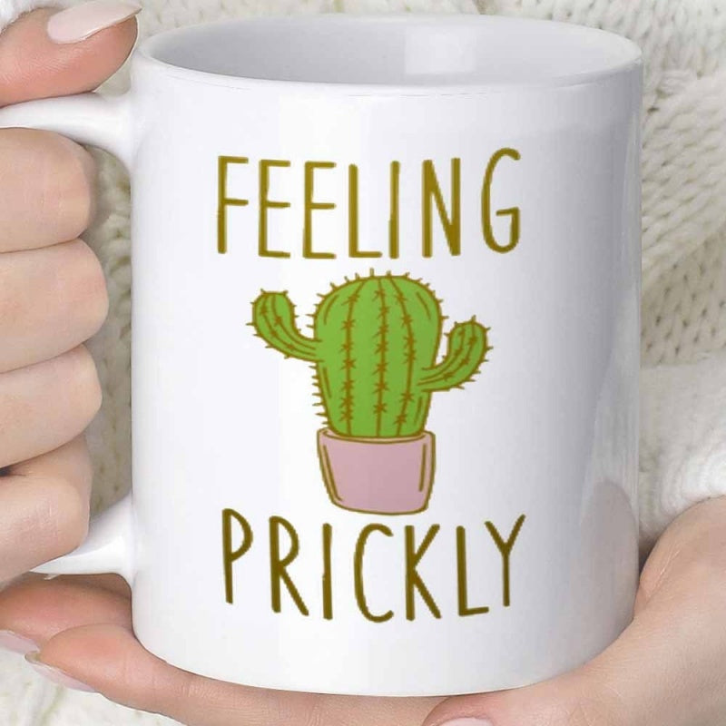 Tailorly White Ceramic 11 oz Mug - Feeling Prickly Hand Drawn Green Spiky Potted Plant Resting In A Pink Pot Cactus