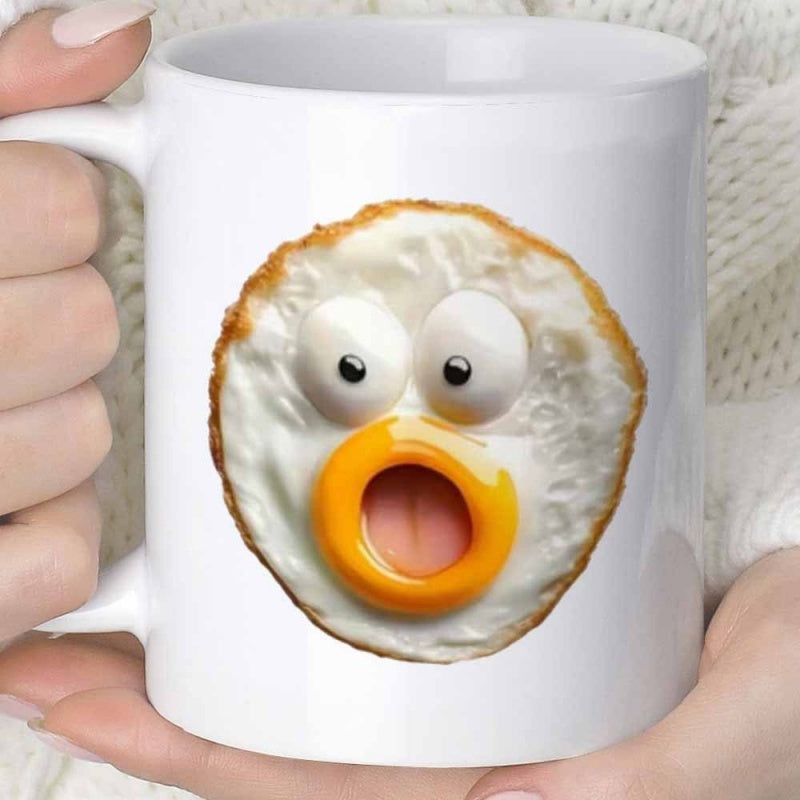 Tailorly White Ceramic 11 oz Mug - Surprised Fried Egg With Googly Eyes And Open Yolk Mouth Egg