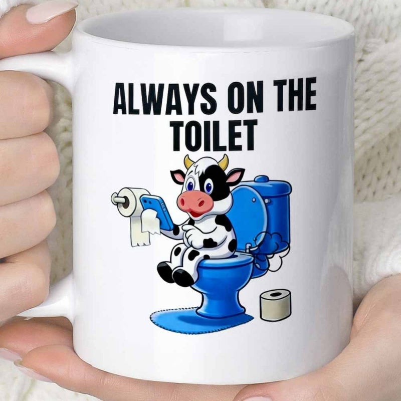 Tailorly White Ceramic 11 oz Mug - Always On The Toilet Funny Spotted Cartoon Character Sitting On Blue Bathroom Toilet Cow