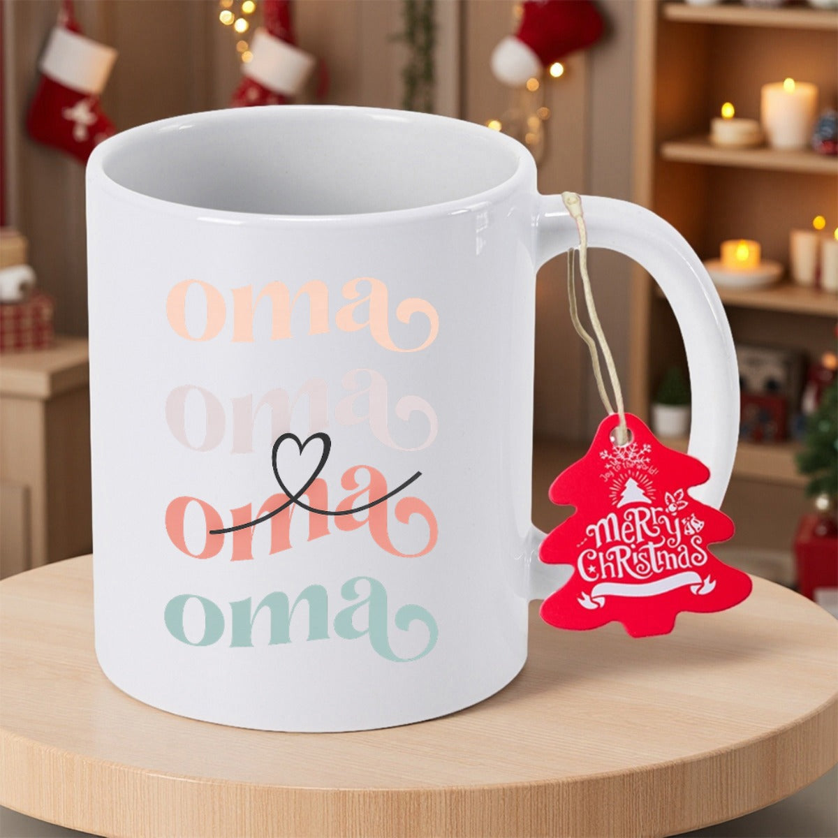 Tailorly White Ceramic 11 oz Mug - Oma Repeated Text In Pastel Colors Featuring A Delicate Heart Line Mug