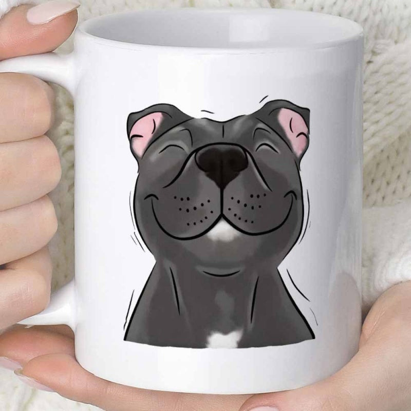 Tailorly White Ceramic 11 oz Mug - Adorable Smiling Dark Grey Illustration Featuring Gentle Eyes And Playful Expression Pitbull