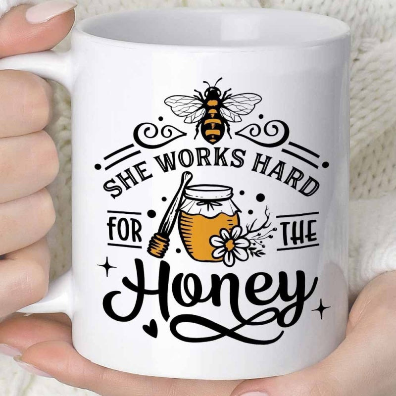 Tailorly White Ceramic 11 oz Mug - She Works Hard For The Honey Detailed Flying Bee Hovering Above A Golden Jar Among Summer Flowers Bee