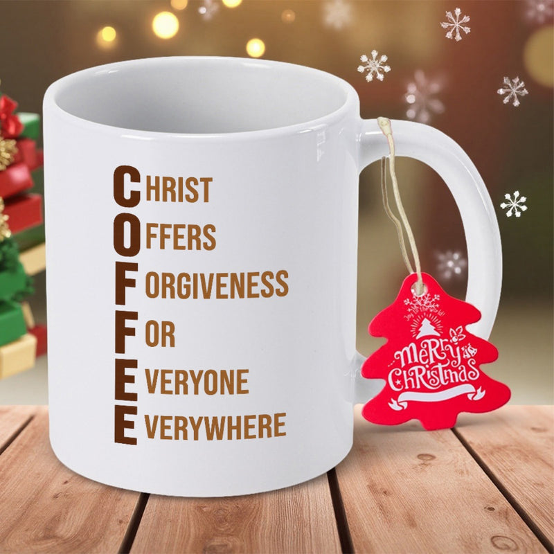 Tailorly White Ceramic 11 oz Mug - Coffee Christ Offers Forgiveness For Everyone Everywhere Merry Christmas Minimalist Ceramic Surface With Vertical Text Display
