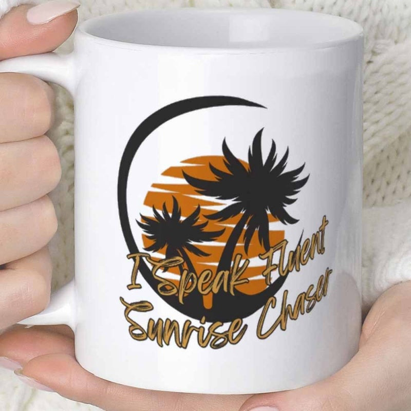 Tailorly White Ceramic 11 oz Mug - I Speak Fluent Sunrise Chaser Tropical Palm Tree Silhouettes Standing Before A Warm Glowing Striped Sunset Palm Tree
