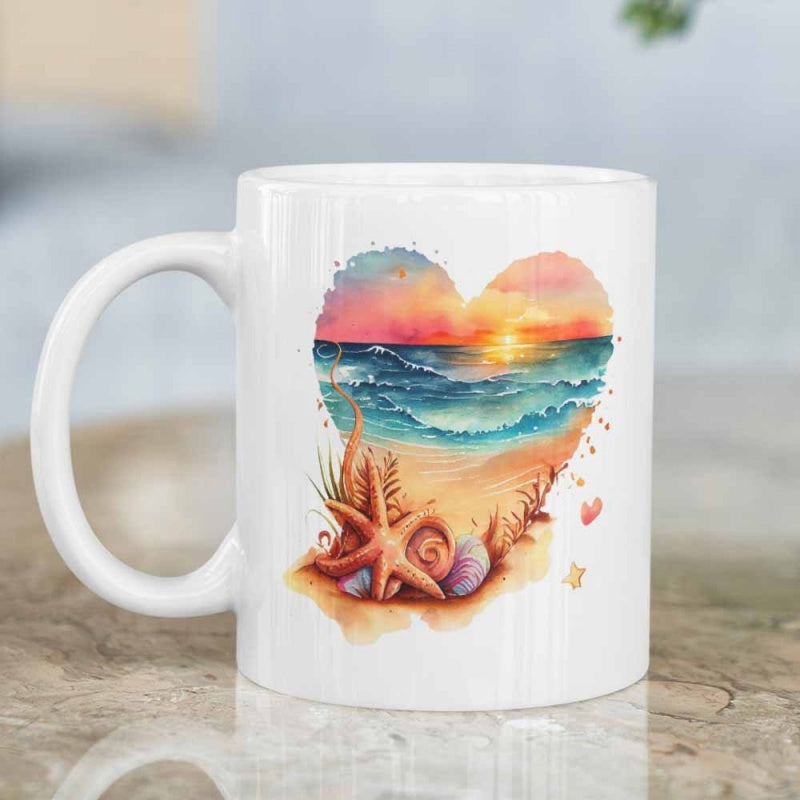 Tailorly White Ceramic 11 oz Mug - Vibrant Watercolor Heart Shaped Beach With Golden Sunset And Ocean Waves Heart