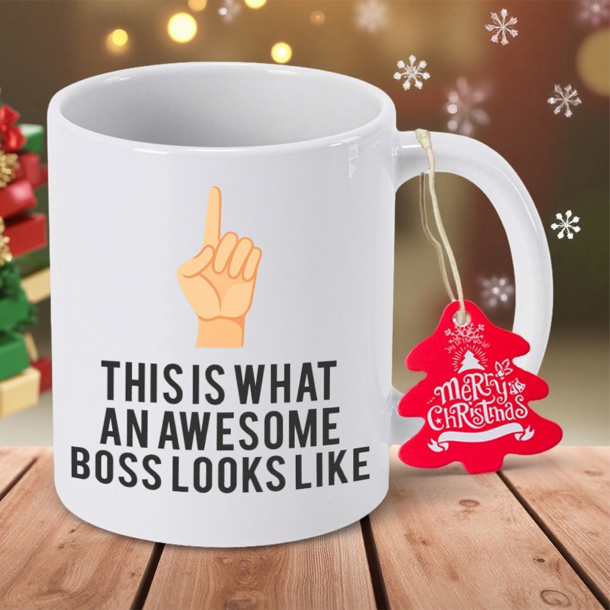 Tailorly White Ceramic 11 oz Mug - This Is What An Awesome Boss Looks Like Merry Christmas Minimalist Vector Illustration Of Single Pointing Finger Gesture In