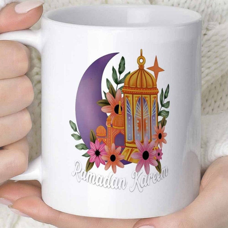 Tailorly White Ceramic 11 oz Mug - Ramadan Kareem Purple Crescent Moon Nestled Within Blooming Pink Floral Garden Lantern