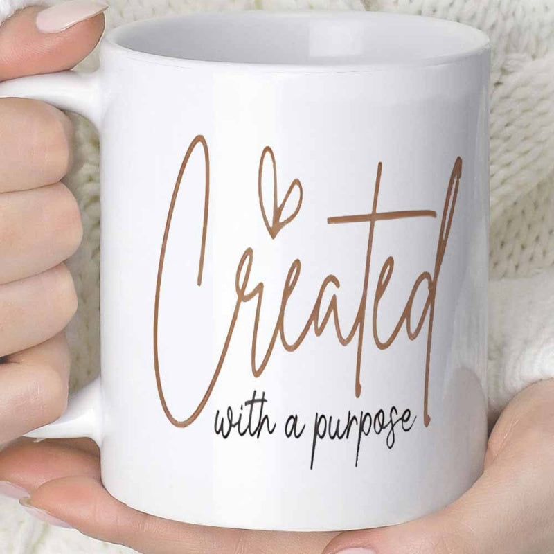 Tailorly White Ceramic 11 oz Mug - Created With A Purpose Minimalist Artistic Heart With Elegant Flowing Calligraphy Script Mug