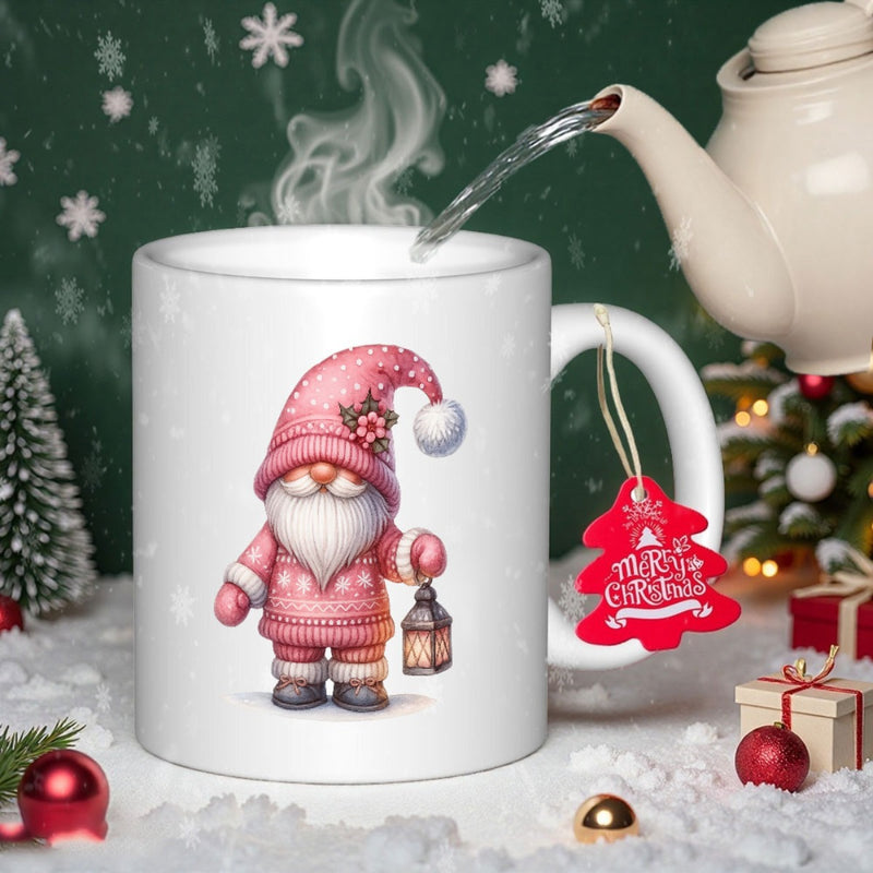 Tailorly White Ceramic 11 oz Mug - Merry Christmas Festive Pink Winter Sweater Holding Lantern Under Falling Soft Snow Gnome