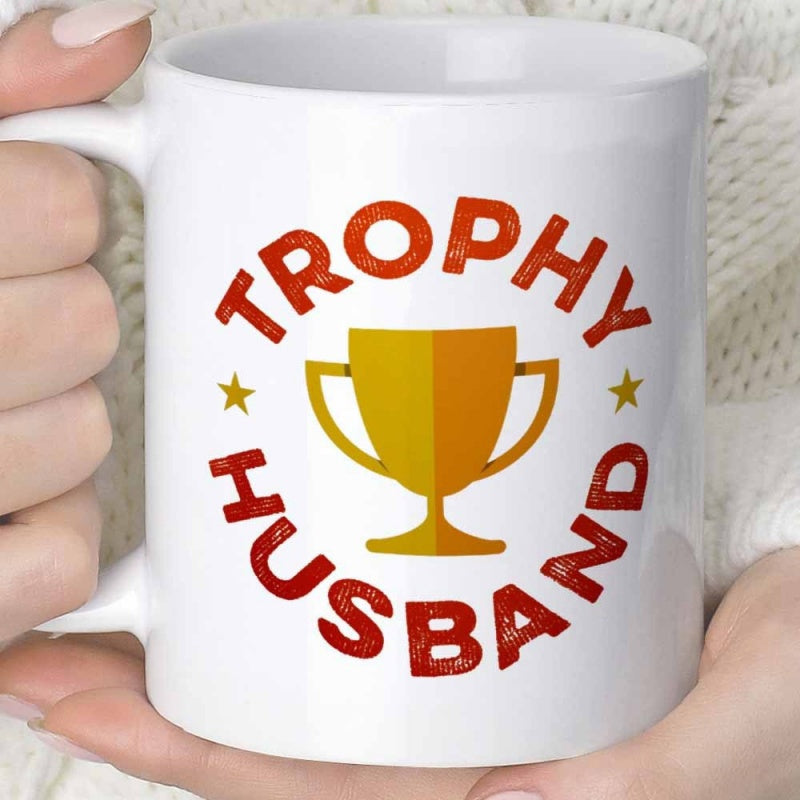 Tailorly White Ceramic 11 oz Mug - Trophy Husband Vintage Distressed Style Golden Victory Cup Surrounded By Shining Little Stars Trophy