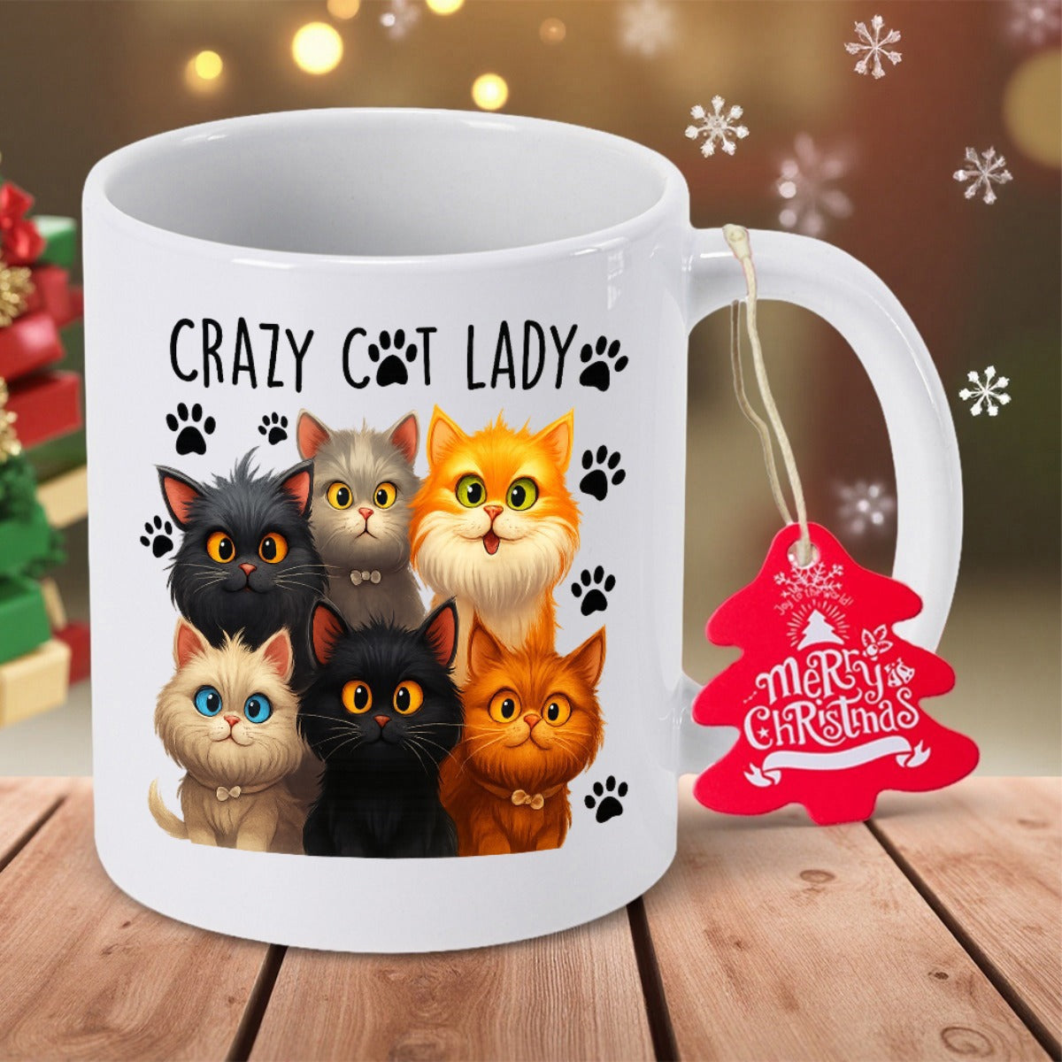 Tailorly White Ceramic 11 oz Mug - Crazy Cat Lady Group Of Multiple Cute Cartoon Kittens With Large Expressive Eyes Cat