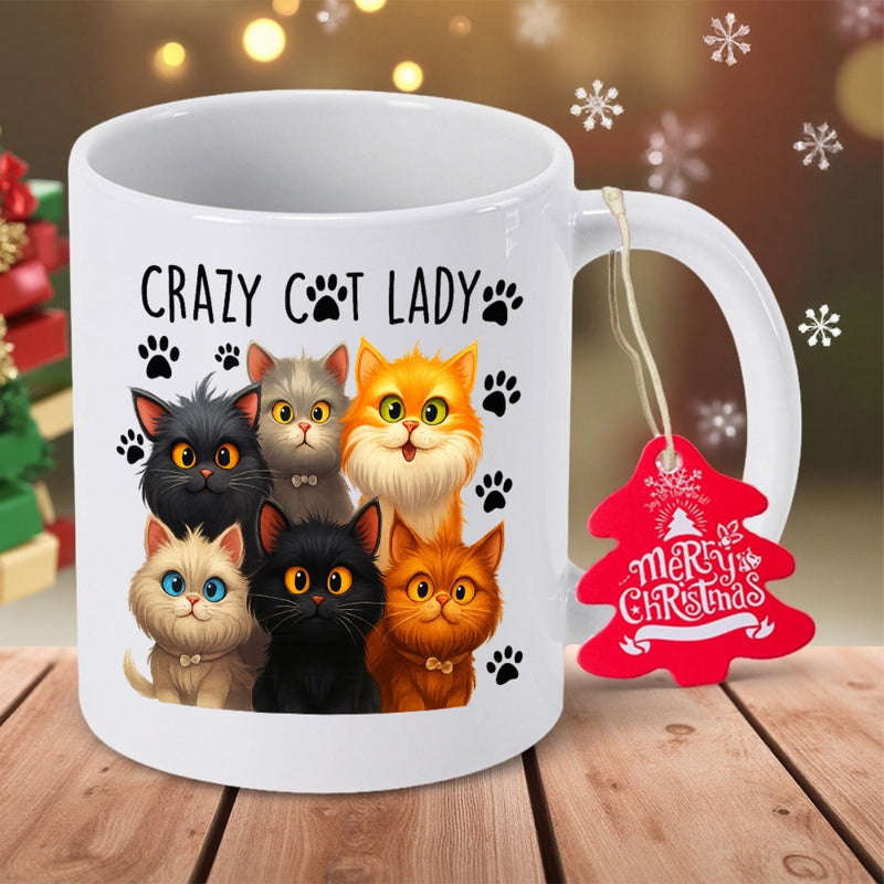 Tailorly White Ceramic 11 oz Mug - Crazy Cat Lady Group Of Multiple Cute Cartoon Kittens With Large Expressive Eyes Cat