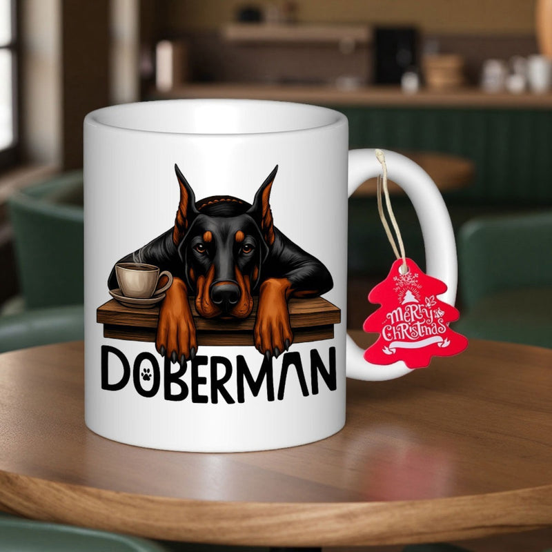 Tailorly White Ceramic 11 oz Mug - Doberman Illustrative Black And Tan Dog Resting On Wooden Table With Coffee Cup Doberman