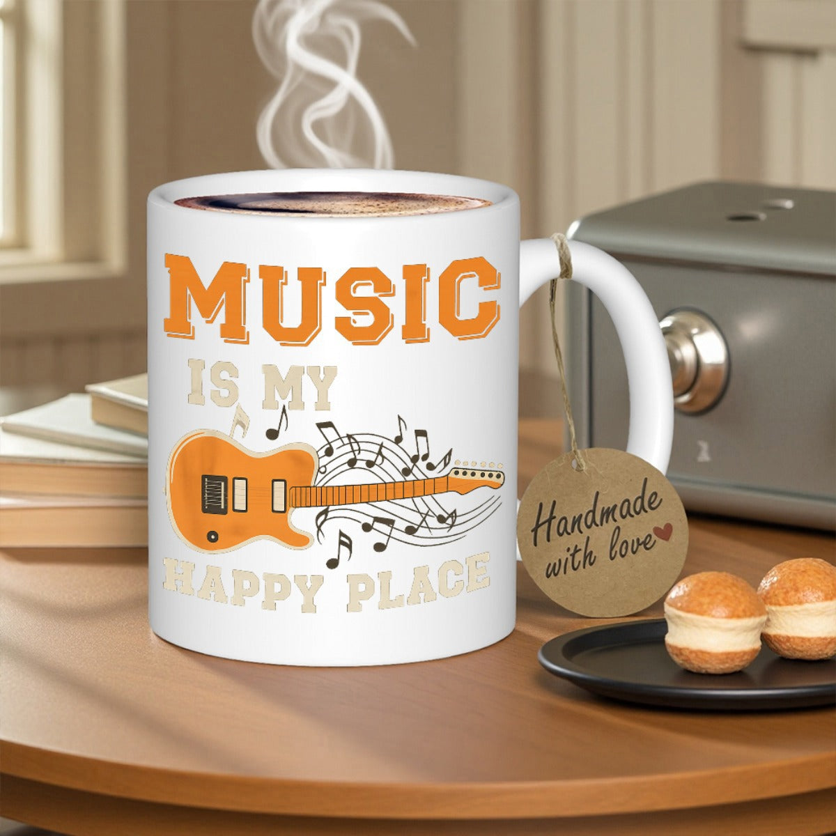 Tailorly White Ceramic 11 oz Mug - Music Is My Happy Place Melodic Flowing Notes Surrounding A Vibrant Orange Electric Guitar