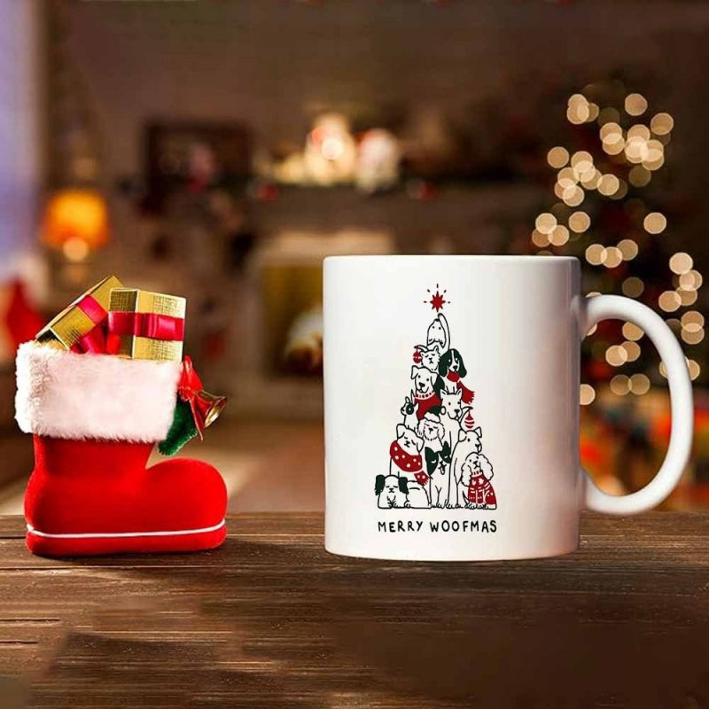 Tailorly White Ceramic 11 oz Mug - Merry Woofmas Festive Stack Of Adorable Dogs Forming A Holiday Seasonal Tree