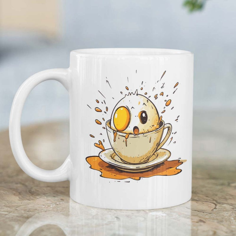 Tailorly White Ceramic 11 oz Mug - Whimsical Cartoon Character Splashing Inside A Tiny Morning Coffee Cup Egg