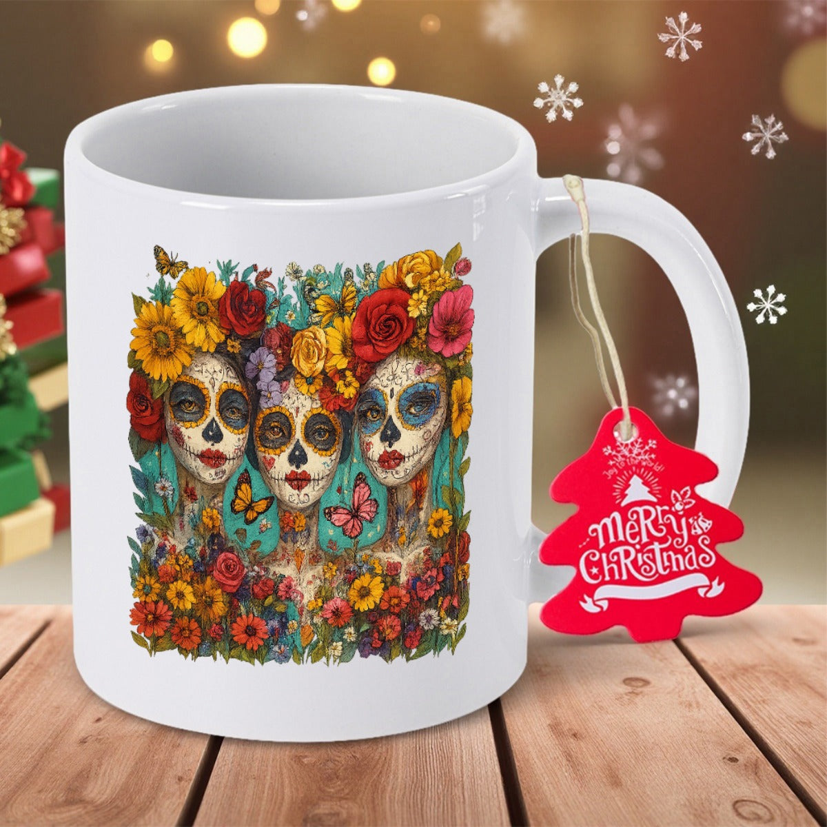 Tailorly White Ceramic 11 oz Mug - Merry Christmas Intricate Floral Patterns With Vibrant Butterflies Surrounding Three Traditional Decorative Skulls
