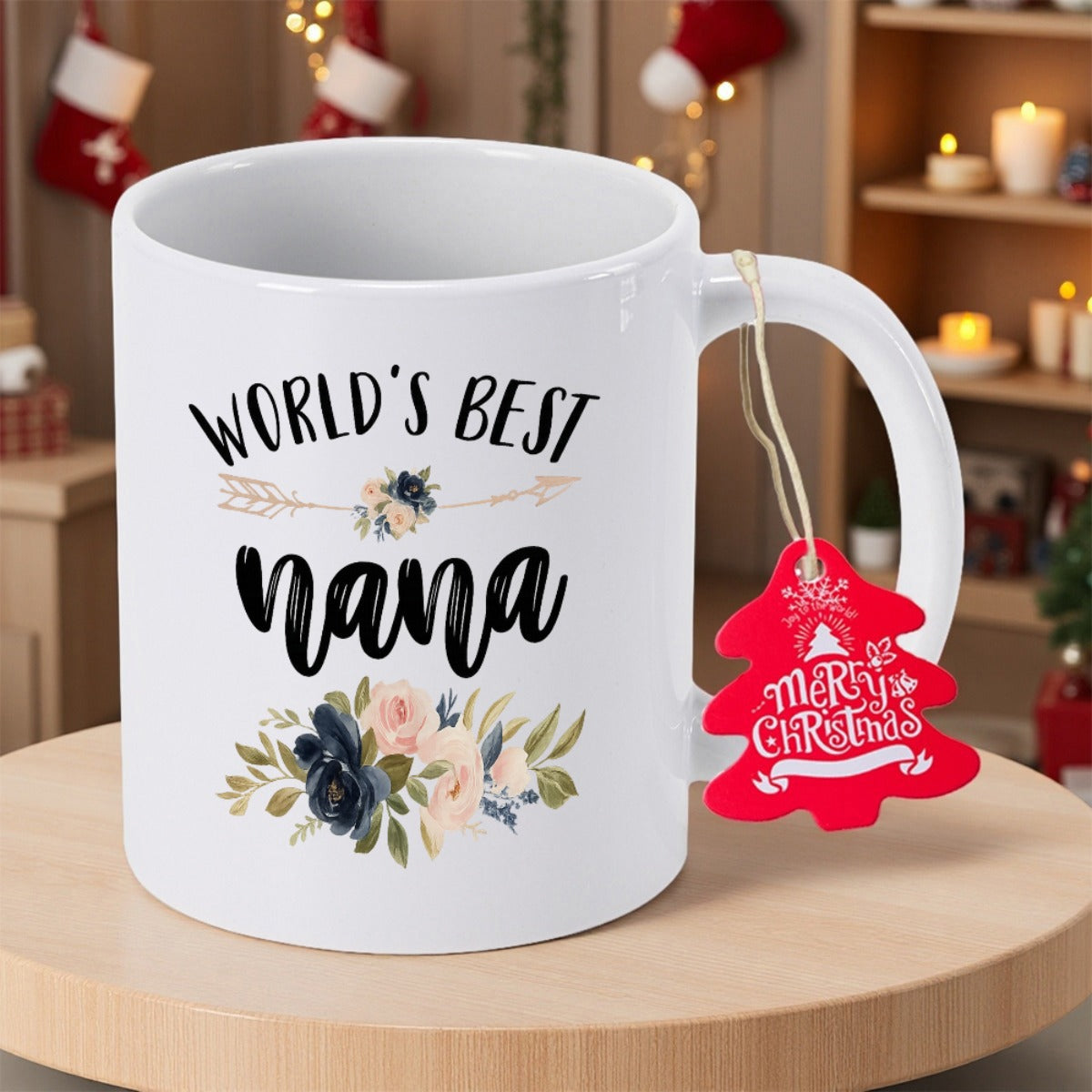 Tailorly White Ceramic 11 oz Mug - Worlds Best Nana Elegant Watercolor Roses With Navy Blue And Pink Petals Among Green Leaves Flower