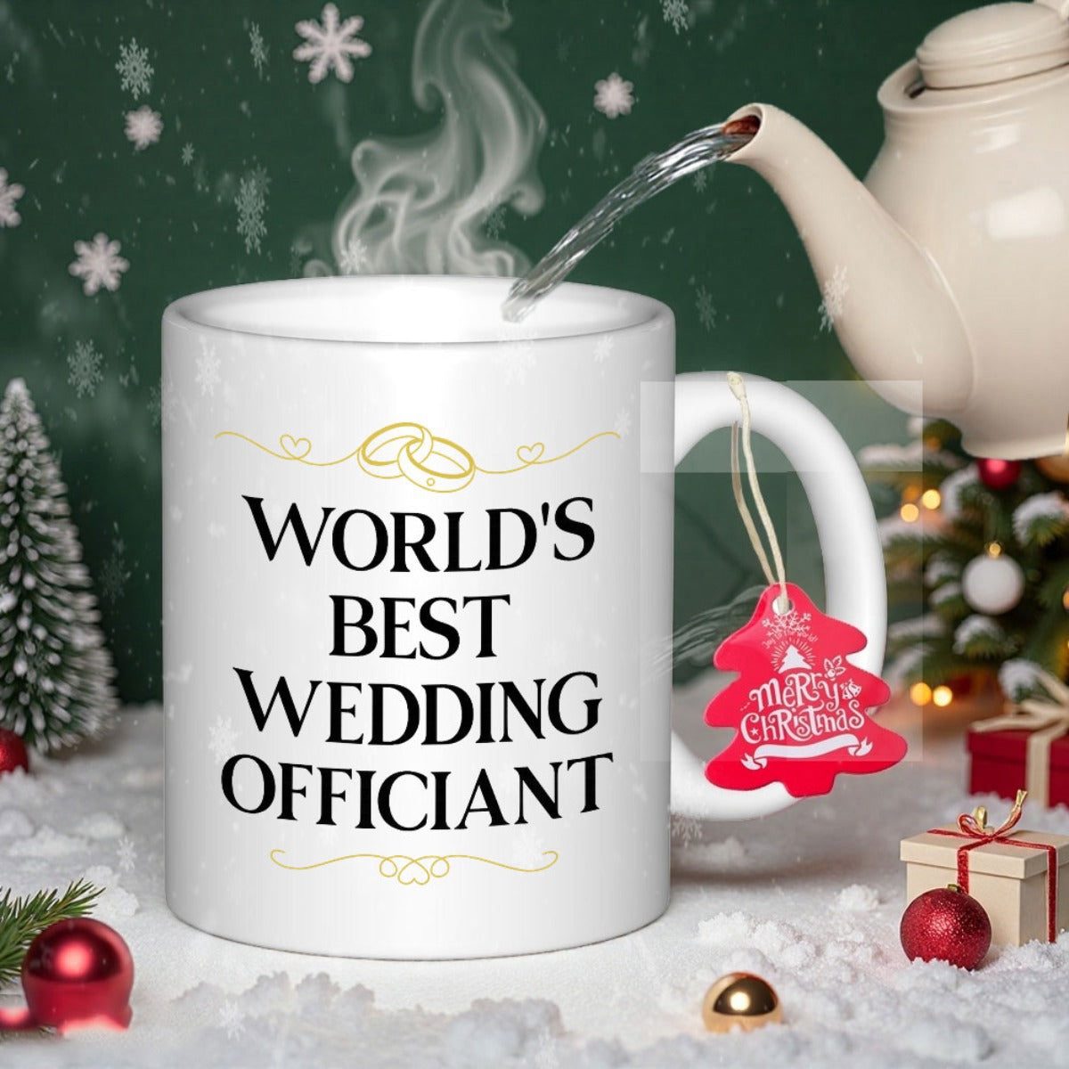 Tailorly White Ceramic 11 oz Mug - Worlds Best Wedding Officiant Interlocking Golden Rings With Elegant Decorative Flourishes And Classic Serif Text Officiant