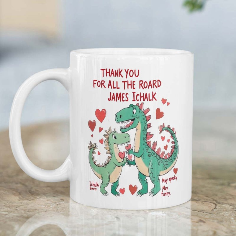 Tailorly White Ceramic 11 oz Mug - Thank You For All The Roard James Ichalk Playful Green Cartoon Dinosaurs Surrounded By Vibrant Red Floating Hearts Dinosaur