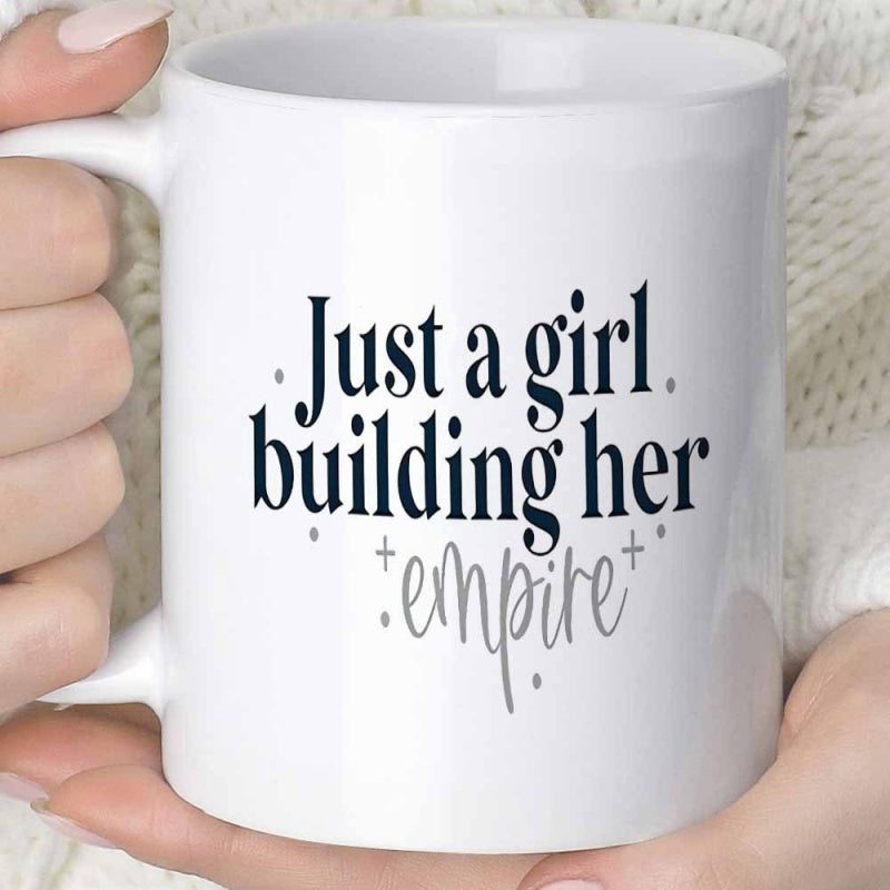 Tailorly White Ceramic 11 oz Mug - Just A Girl Building Her Empire Minimalist Decorative Tiny Stars Surrounding Bold Motivational Script Lettering Mug