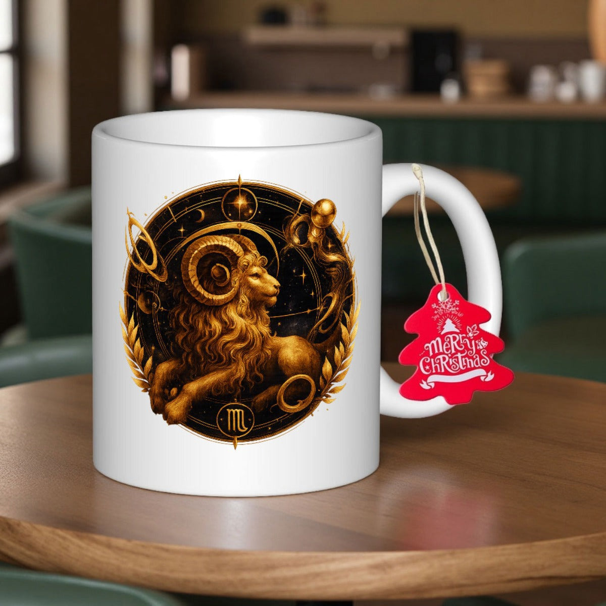 Tailorly White Ceramic 11 oz Mug - Merry Christmas Golden Majestic Zodiac Animal With Celestial Stars And Glowing Orbits Ram