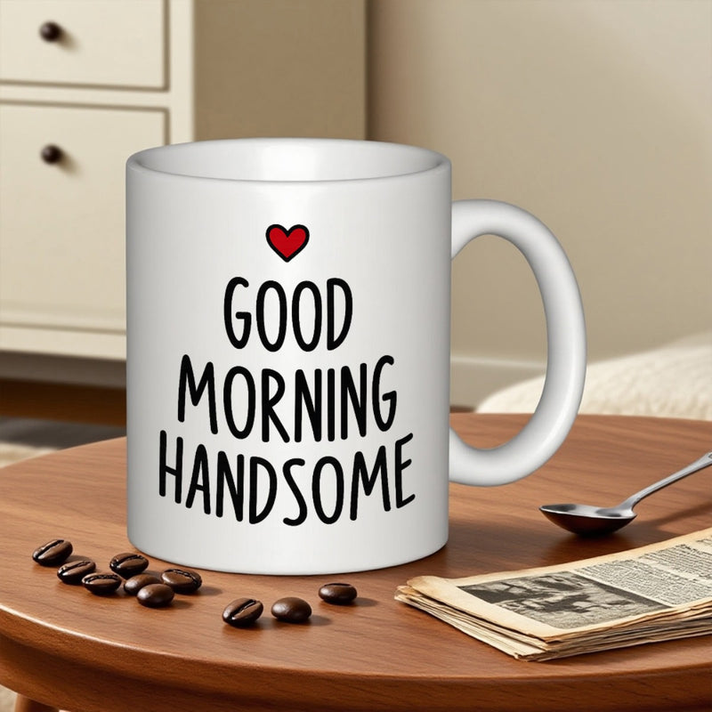 Tailorly White Ceramic 11 oz Mug - Good Morning Handsome Minimalist Featuring Small Red Heart Symbol Mug