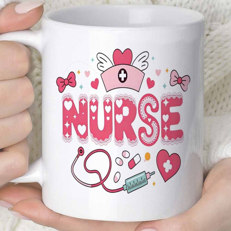 Tailorly White Ceramic 11 oz Mug - Nurse Cute Pink Medical Illustrations Featuring Hearts Syringe Stethoscope And Hat Nurse