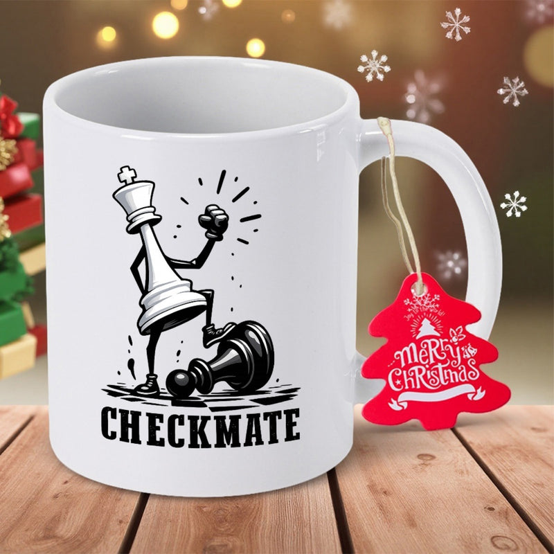Tailorly White Ceramic 11 oz Mug - Checkmate Cartoon King Standing Victoriously Over Fallen Pawn Upon Checkered Surface Chess Piece