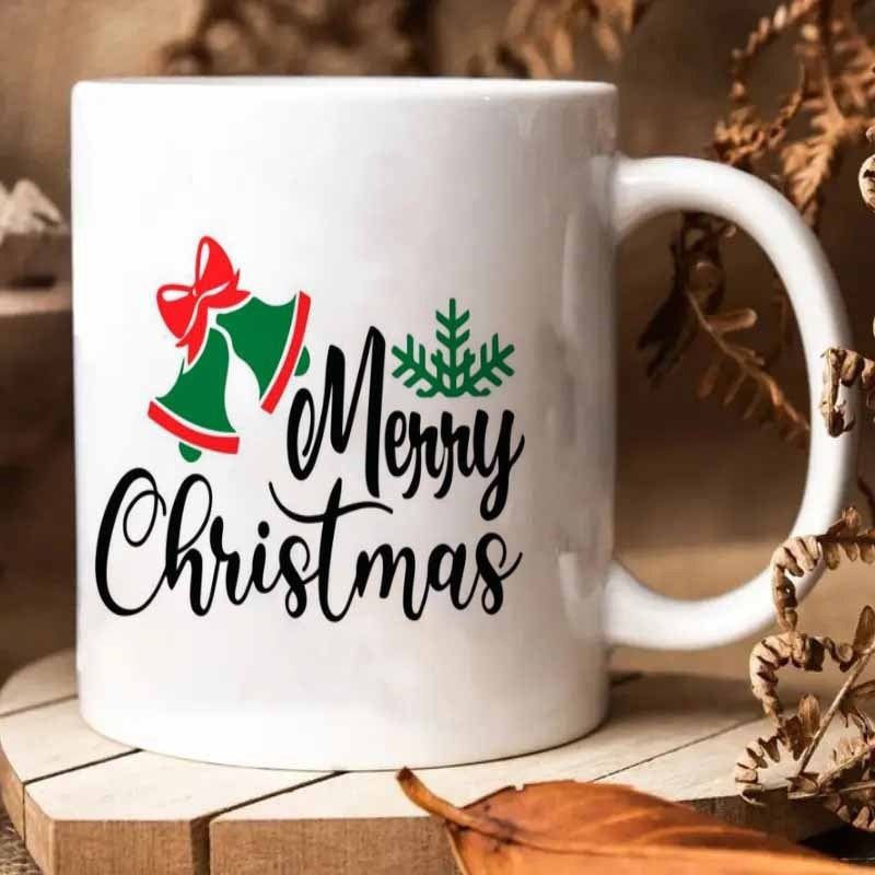Tailorly White Ceramic 11 oz Mug - Merry Christmas Festive Green Bells With Red Ribbon And Decorative Snowflake Bell