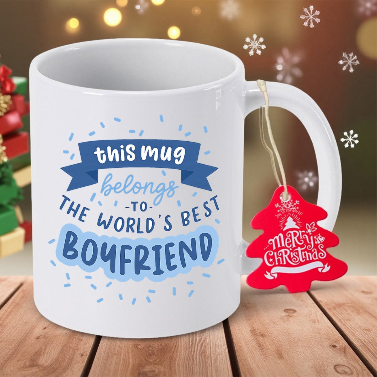 Tailorly White Ceramic 11 oz Mug - This Mug Belongs To The Worlds Best Boyfriend Decorative Blue Ribbons And Confetti Floating Around A