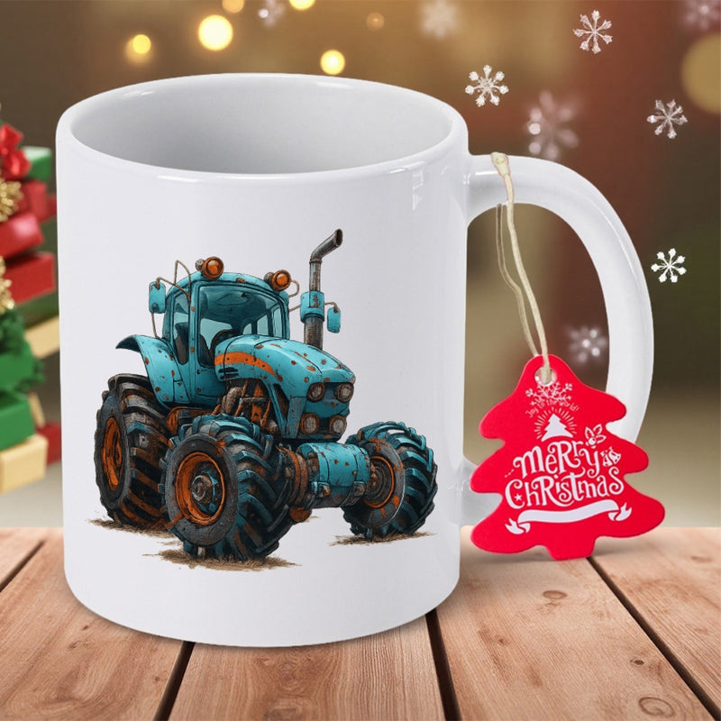 Tailorly White Ceramic 11 oz Mug - Rugged Blue Industrial Farm Vehicle With Large Muddy Tires And Exhaust Pipe Tractor