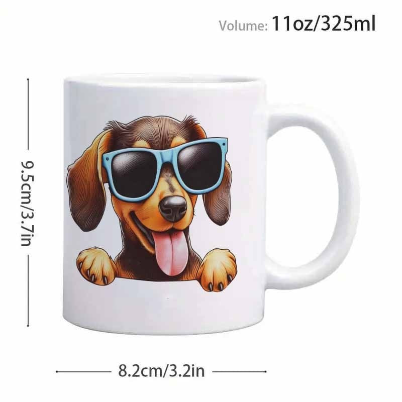 Tailorly White Ceramic 11 oz Mug - Happy Little Puppy Wearing Blue Sunglasses Peeking Over A Plain Edge Dachshund